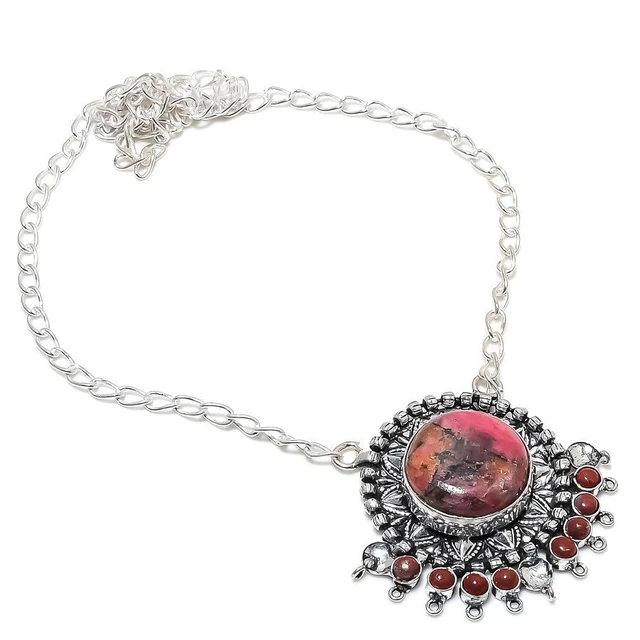 Rhodonite Ethnic 925 Sterling Silver Jewelry Necklace 18" v748