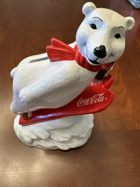 1995 Vintage Coca Cola Tall / Large Polar Bear Coin Piggy Bank 7.5"