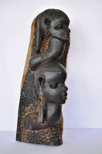 Antico Africano Ebano Legno Tribale Scultura Muro Montante Figurina Due Donna