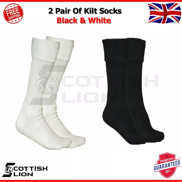2 Pairs Men Scottish Great Highland Kilt Dress Socks Black & Off White