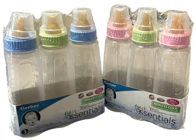 6 NEW Gerber First Essentials 2010 Baby Bottles Vented Nipples 4m+ SEALED 9oz