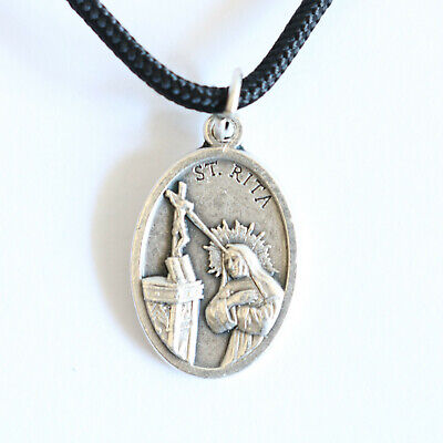 St Rita of Cascia Pendant Black Paracord Medal Necklace Catholic Mercy