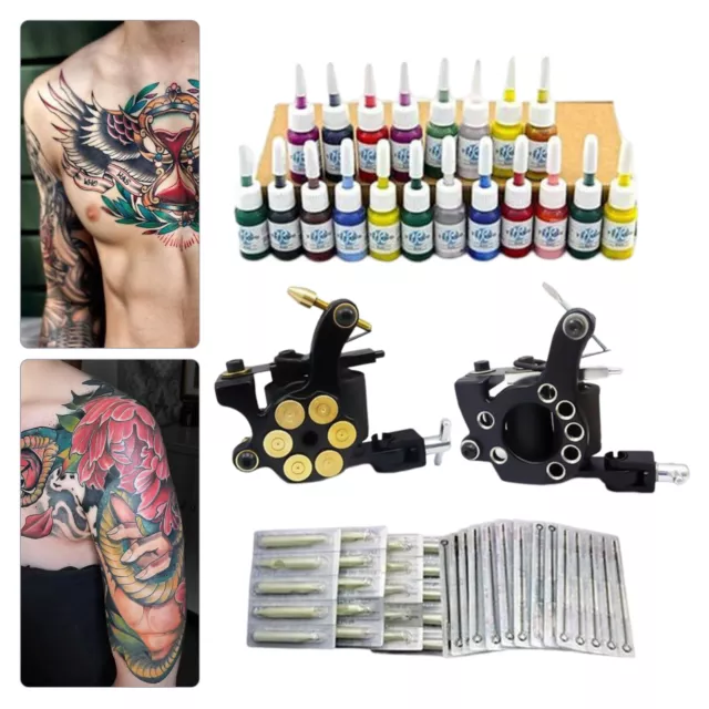 Complete Tattoo Starter Kit 2 Machine Gun Power Supply 50 Needles 20 Inks Tip UK