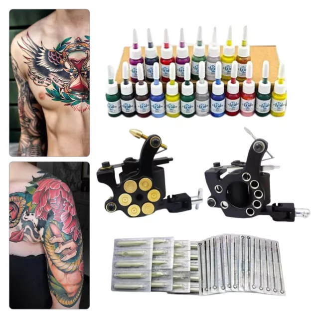 Kit completo de tatuajes 2 máquina de tatuajes juego 20 tintas agujas fuente de alimentación mango JM12