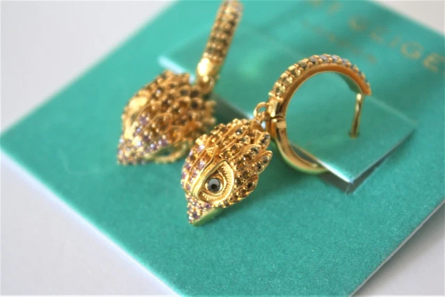 Kurt Geiger Gold pave Eagle head purple Crystal hoop earrings NWT