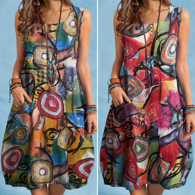 Womens Floral Summer Vest Maxi Sundress Casual Hawaiian Beach Holiday Mini Dress