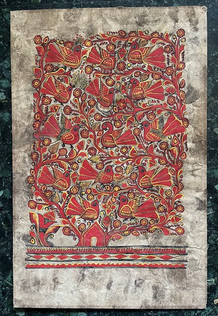 Rare Bird Flower Wood Frame Amate Painting Wall Art - Kitsch Hippie Psych Decor