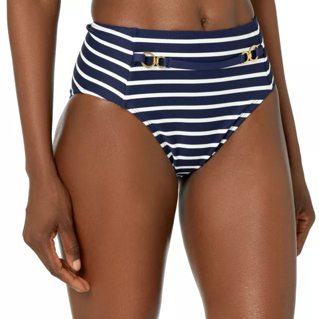 La Blanca Women High Waist Hipster Bikini Bottom, Indigo/Capri Stripe, 12