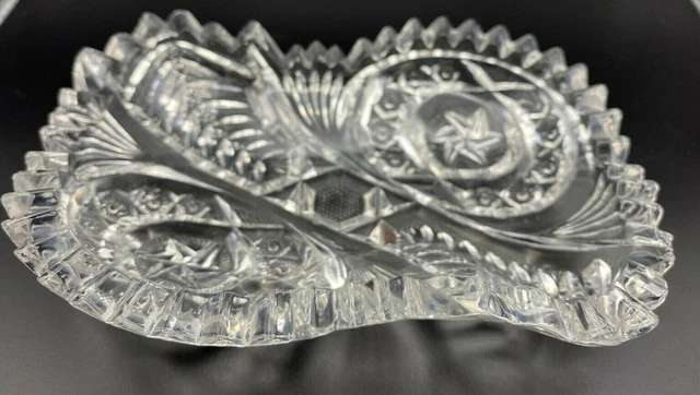 Vintage “Press Cut” Glass Small Crystal Candy Nut Dish Sawtooth Rim  Stars 6.5"