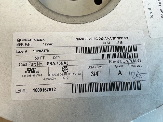 23 Ft Delfingen NU-SLEEVE 3/4" Coated Sleeving  SG-200 200C 600V Natural Hi Temp