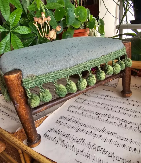 Vintage Wooden Foot Stool & Green Material Pom Poms Victorian Style Rustic