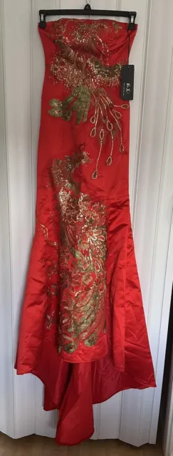 Traditional Chinese Long Gold Phoenix Red Wedding Evening Dress With Tail
