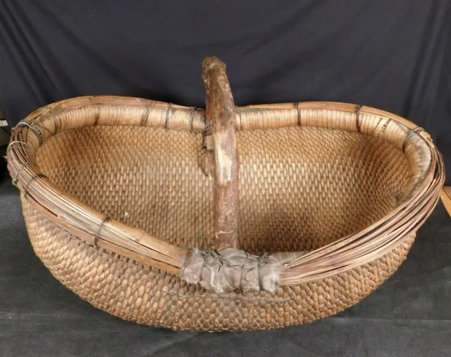 LARGE Antique 26" Chinese Basket Early 20th Century Willow Rice Wooden Handle