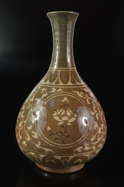 G1699: XF Korean Goryeo celadon Flower inlay sculpture FLOWER VASE Ikebana
