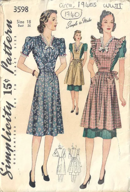 1940s WW11 Vintage Nähen Muster B36 " Pinafore & Kleid (1740R)