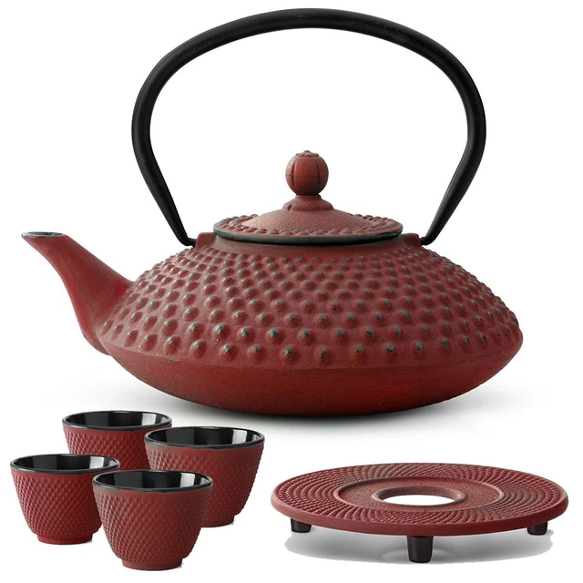 Asia Tee Set Teekanne Teesieb 4 Becher Stövchen Teeservice Gußeisen rot 1,25 L