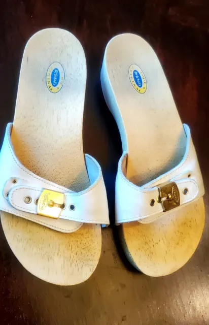 Vtg Dr Scholls Wooden Exercise Sandals Shoes Clog Made In Italy size 8 White 70s