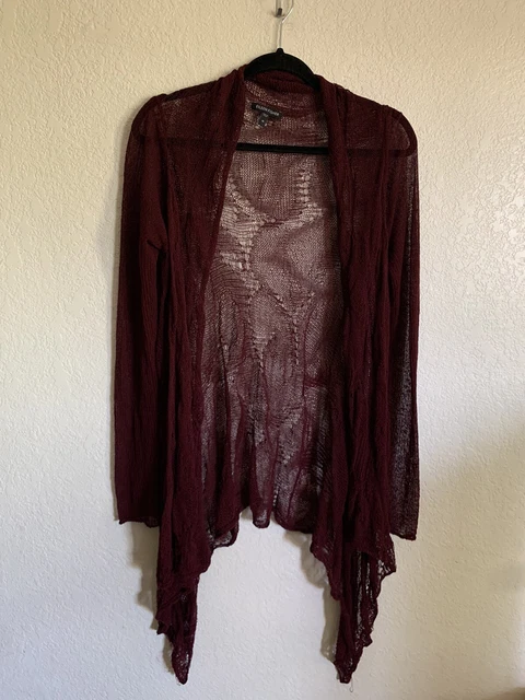 Eileen Fisher Sz M Maroon Red Open Front Cardigan Sweater Open Knit Linen Blend