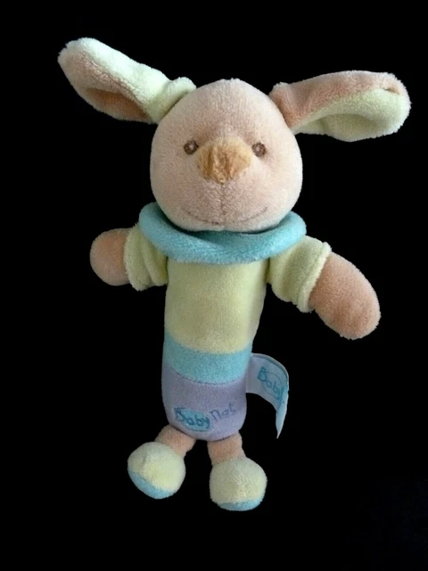 13- Doudou Hochet Baton Baby Nat Chien Vert Mauve Bleu -  Excellent Etat