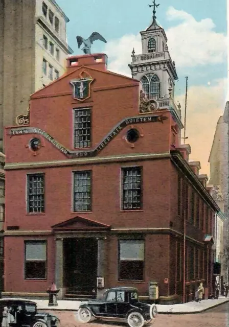 Vintage Postcard Old State House Red Brick Building Street Cars Boston Mass