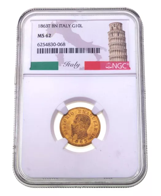 1863T BN Italy Gold 10 Lire Coin Graded by NGC as MS-62 Gorgeous