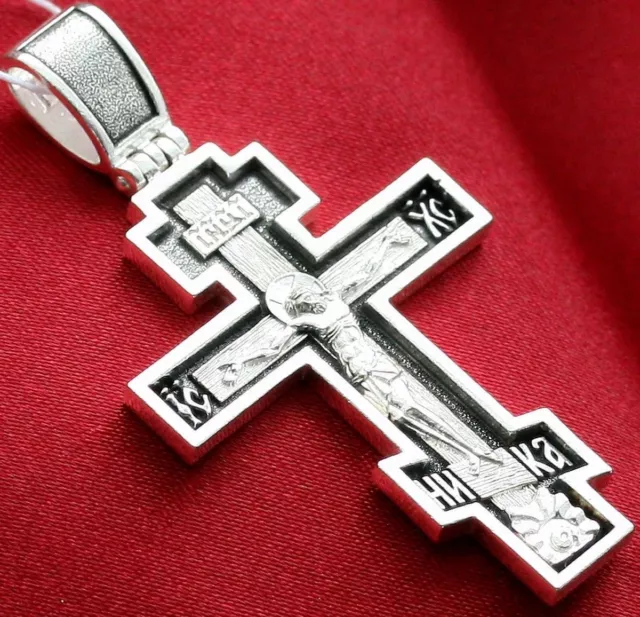 Big Classical Mens Russian Orthodox Icon Cross Pendant, Silver 925 New. Blessed