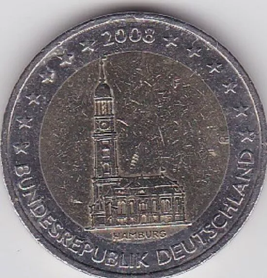 2 EUROS COMMEMORATIVE ALLEMAGNE 2008 - Région de Hambourg - Type A - Atelier F