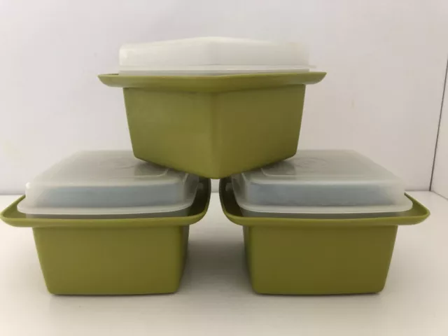 3 vintage 1970 TUPPERWARE avocado green & clear 12cm square LIDDED CONTAINERS