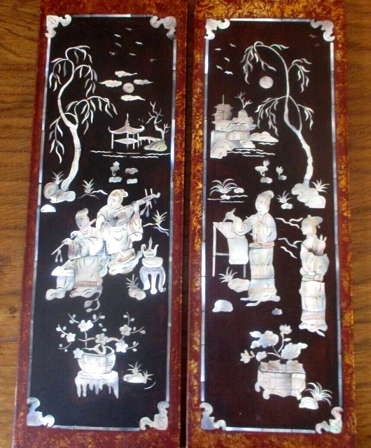 Ancienne magnifique paire tableaux bois marqueterie de nacre rare art asiatique