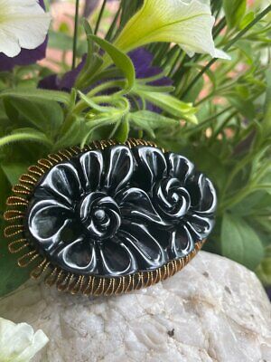 Vintage Deep Carved Black Bakelite Tested Large Flower Floral Brooch / Pin