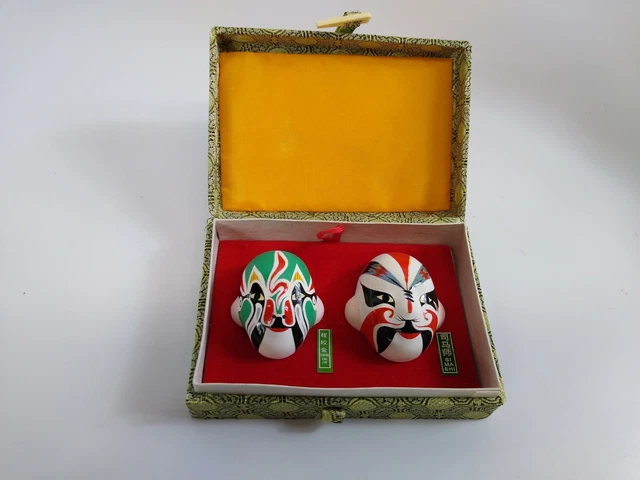 (2) Chinese Opera Facial Makeup Ceramic Art Mask Display In Box Beijing China