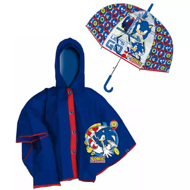 Set Pioggia Mantellina + Ombrello A Cupola Sonic 6/7 Anni Bambino
