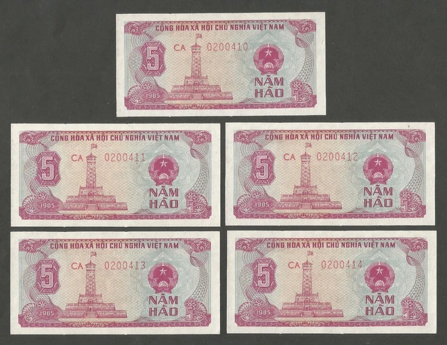 Vietnam 5 Hao 1985; UNC; P-89a; L-B317a; Flag Tower; Lot of 5 consecutive ser. #