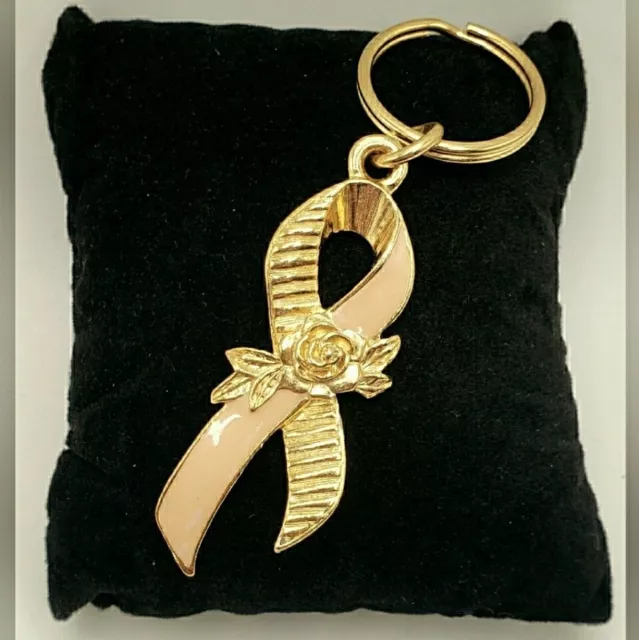 Avon 90s Vintage Keychain Pink Ribbon Breast Cancer Awareness Key Ring Gold KR5