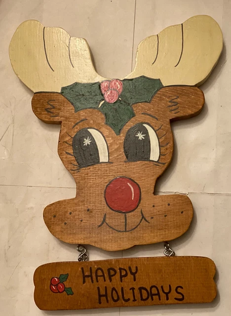 Happy Holidays Hand Painted Wood Reindeer Hanging Sign 12” X 10” Christmas Decor