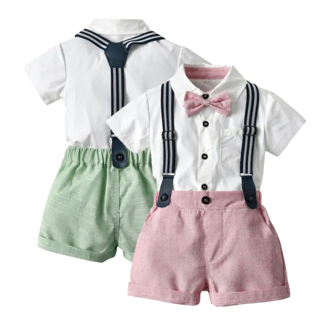 2PCS Toddler Baby Boys Gentleman Bow Tie T-Shirt Tops+Suspender Shorts Outfits