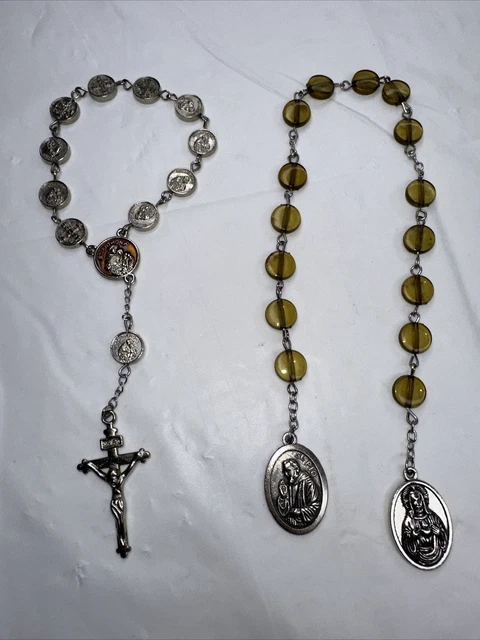 Rosary Cross Crucifix Short Silver Tone Set of 2 Brown Beads St anthony pio
