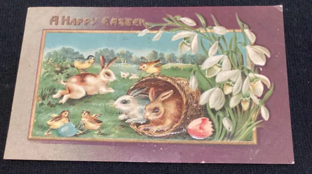Vintage embossed Easter postcard bunny rabbits snowdrops chicks