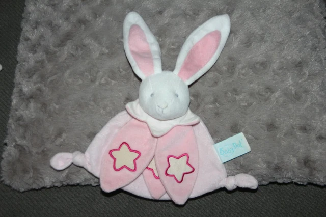 Doudou  Babynat Baby Nat Lapin Plat Blanc Rose Etoile Luminescent Neuf