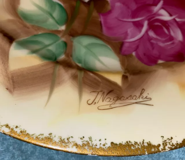 Norleans Porcelain Hand Painted 10” Cabinet Plate Pink Roses Signed J. Nagasaki 3