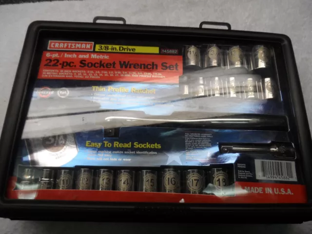 Craftsman 3/8" Drive SAE MM Ratchet Socket Wrench Set, USA, 22 pcs 6pt PN 45882