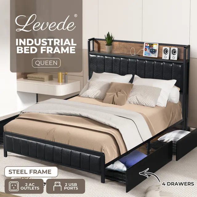 Levede Queen Bed Frame PU Mattress Base Storage Drawer Headboard USB Charge