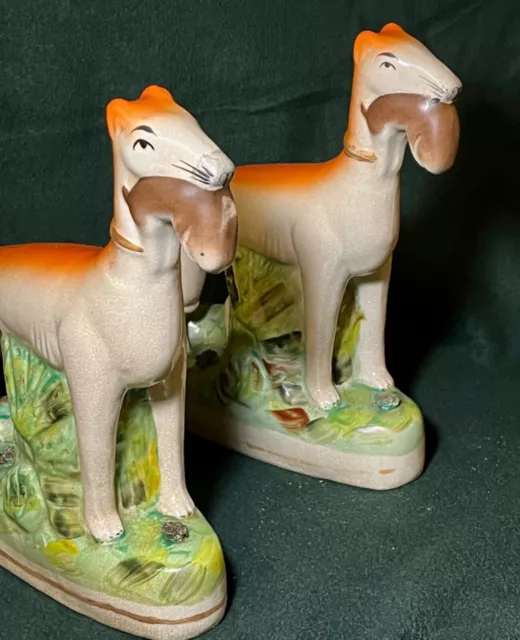 PAIR OF Mid-Late 19th Century Staffordshire Whippet Hunting Dog w/Rabbit PERFECT