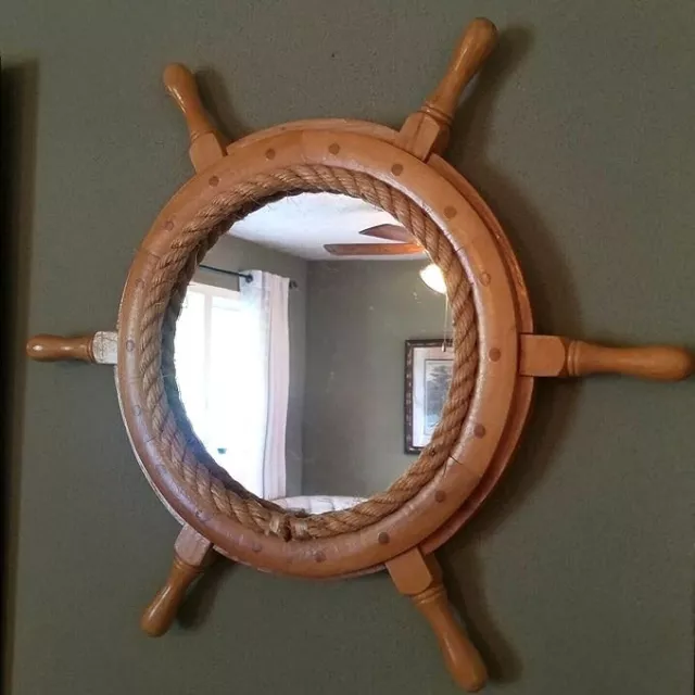 20"Wooden Ships Wheel Wall Mounted Mirror Rope Nautical Seafaring Handcraft Wall