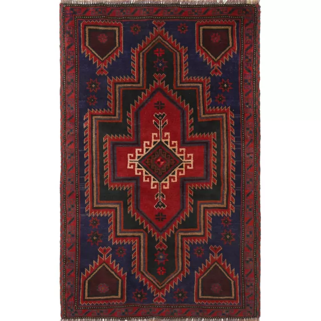 Hand Knotted Afghan Traditional Baluchi Tribal Area Wool Rug 3' x 4'7 ft -B18807