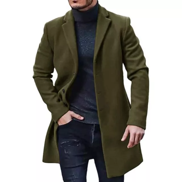 Woolen Mens Fomal Button Outwear Trench Coat Winter Lapel Long Jacket Overcoat