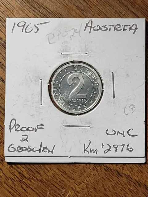 Austria 2 groschen coin, 1965. KM# 2876, aluminum. Proof. Uncirculated.