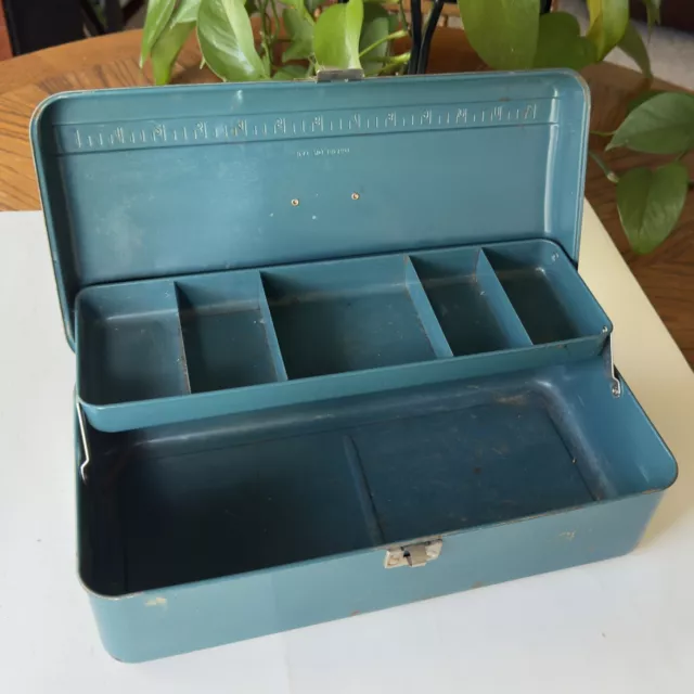 Vintage 1960's Union Utility Chest Teal Metal Tool Fishing Tackle Box #161360