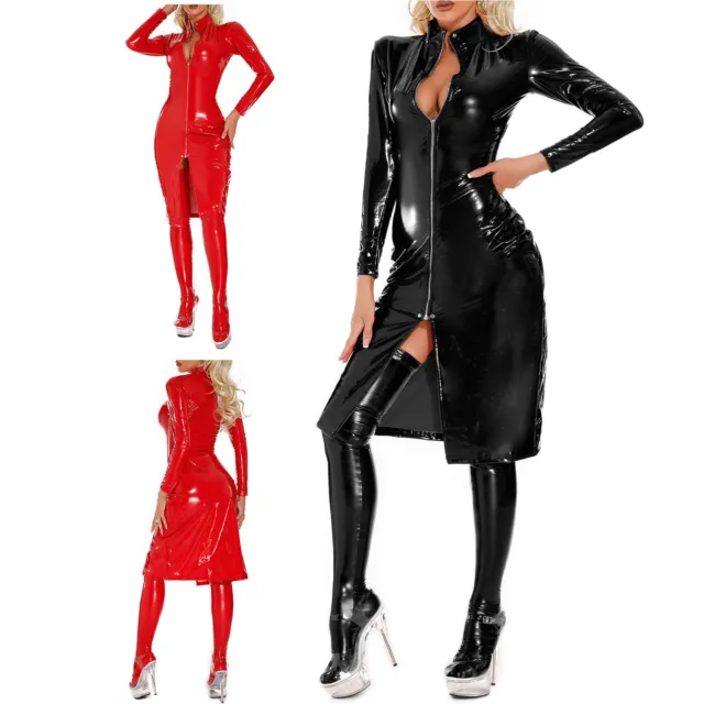 Womens Patent Leather Dancing Bodycon Long Sleeve Dress Shiny Adult High Neck