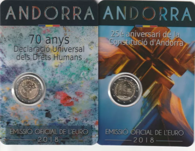 Andorra 2x2-Euro 2018 "Verfassung + Menschenrechte" in Original-Coincards !!!